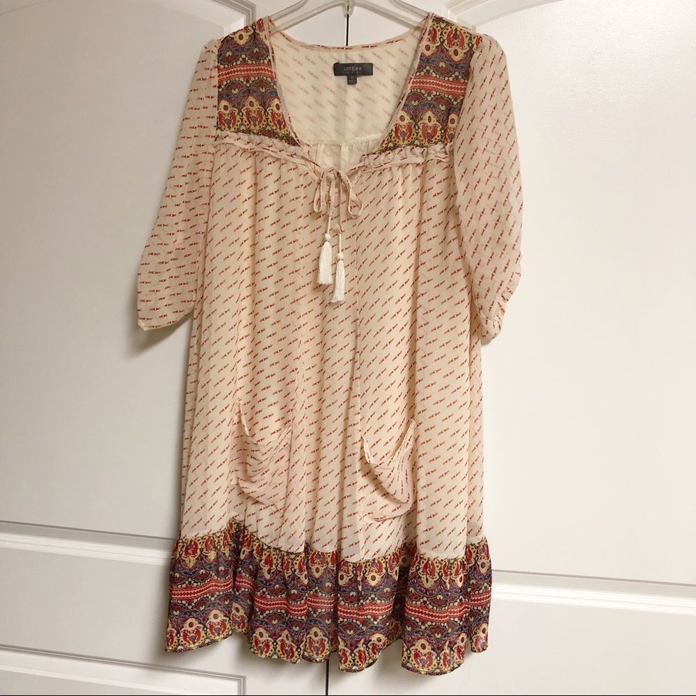 Cottagecore Umgee Boho Paisley Orange Blue V Neck Sheer Baby Doll Mini Dress M